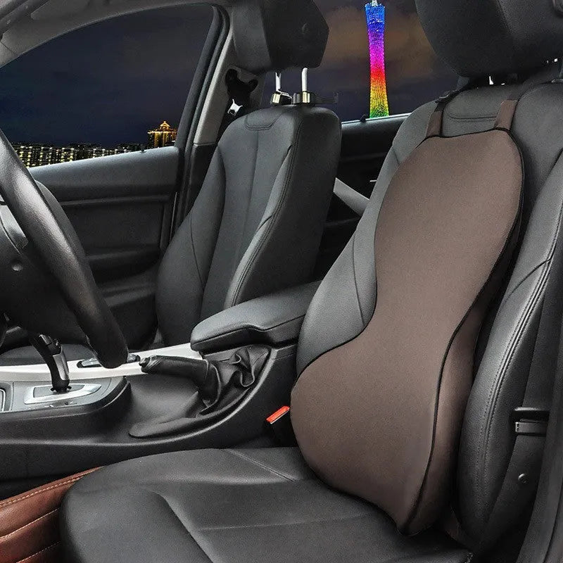 Black memory cotton car waist back cushion on vehicle seat showing lumbar support design