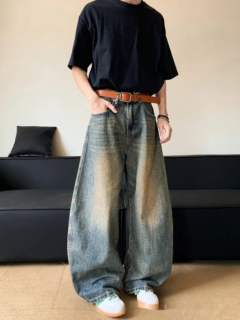 Men's retro blue distressed wide-leg jeans with micro elasticity cotton blend fabric