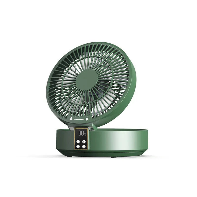 White portable rechargeable folding fan with remote control and warm night light on a desk