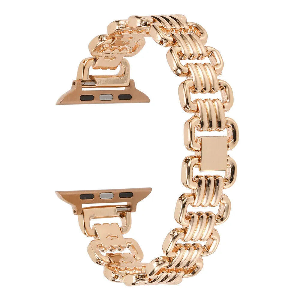 Alloy metal watch bracelet for Apple Watch in silver, black, gold, rose gold, and starlight finishes.