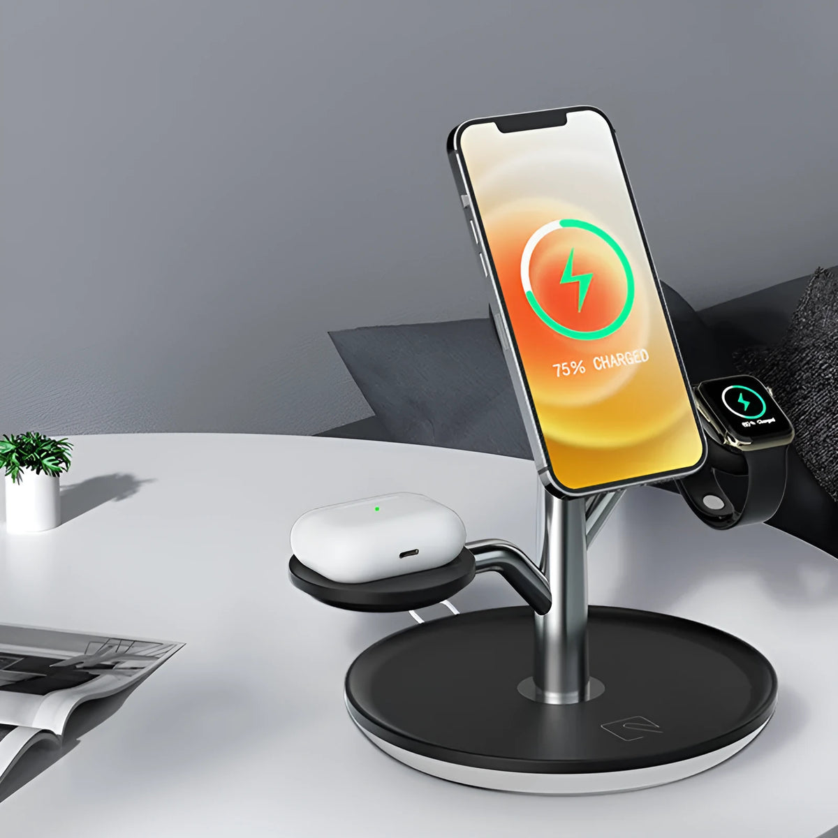 Black ABS+PC three-in-one magnetic suction wireless charger bracket with 15W output and USB interface for mobile phones