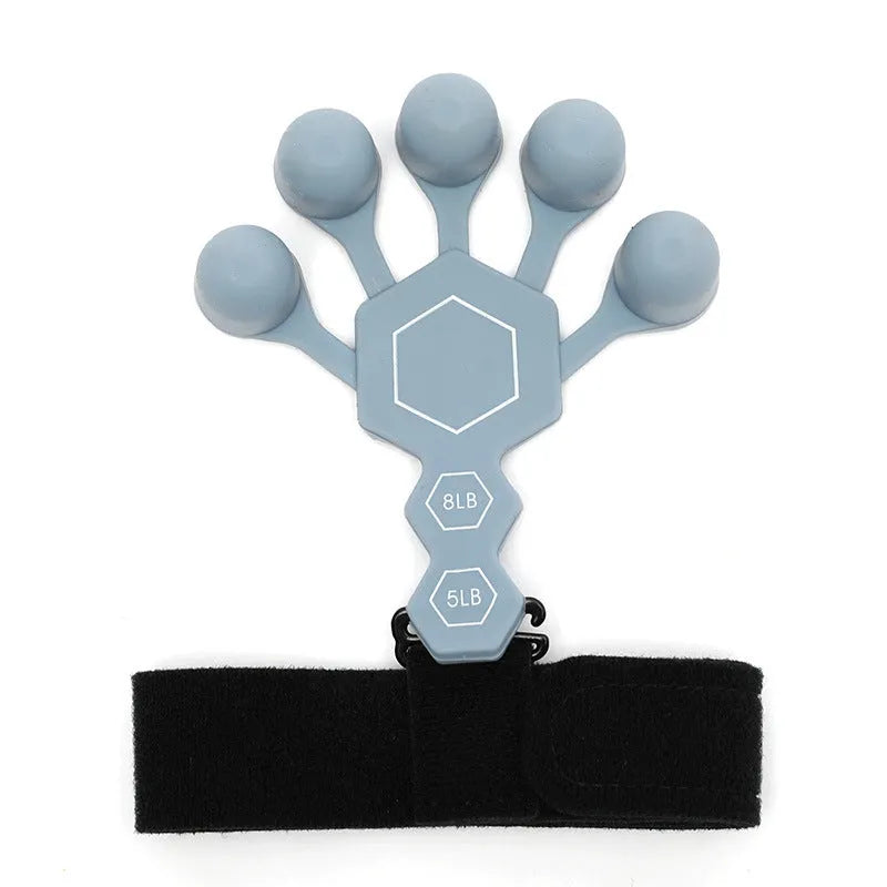 Grey silicone hand trainer brace with 5-finger design for adult rehabilitation and strength training