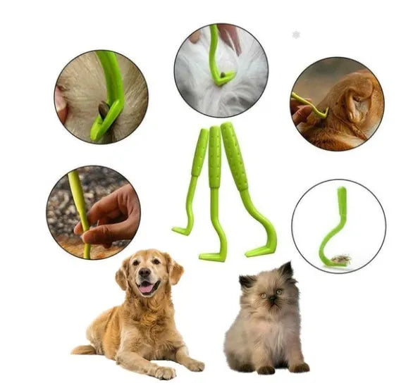 Plastic flea and tick extractor tool in blue or green for dogs and cats