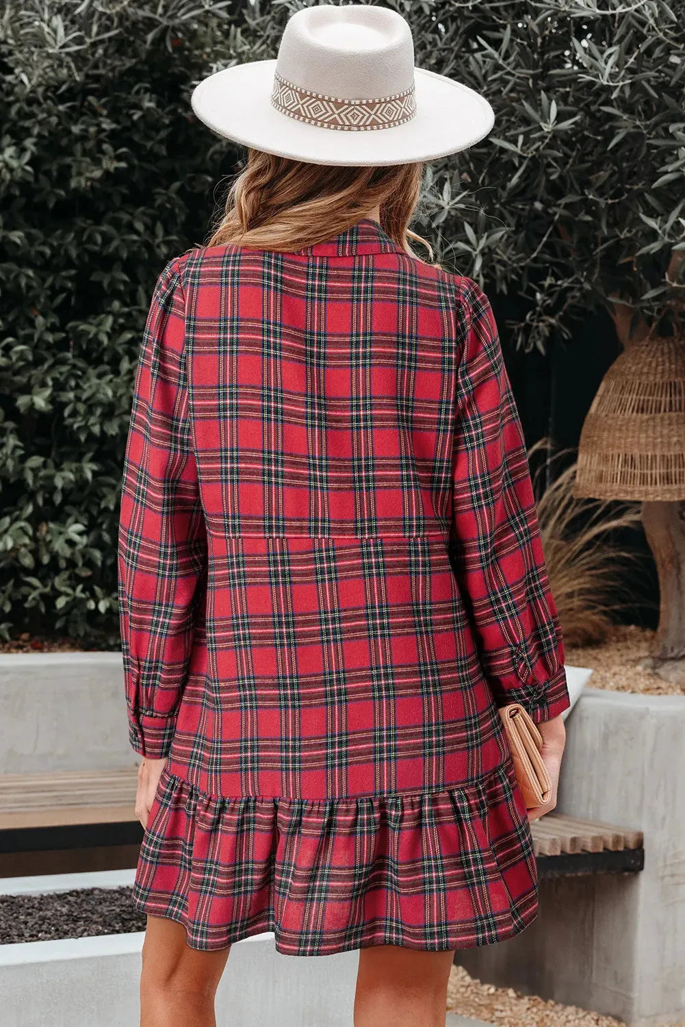 Red plaid mini dress with shirt collar, half button front, long sleeves, and ruffle hem, sizes S to XL