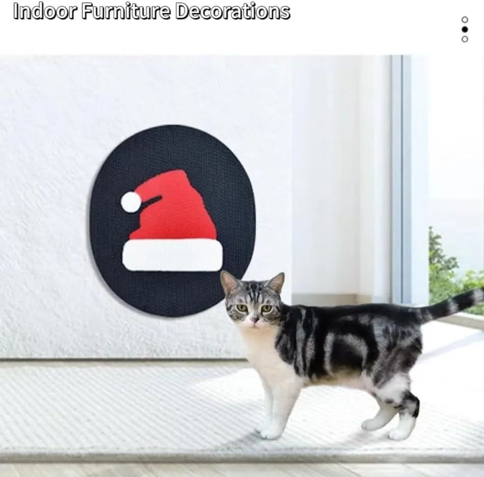 Vertical wall-mounted cat scratching pad made of corrugated cardboard on a home wall.