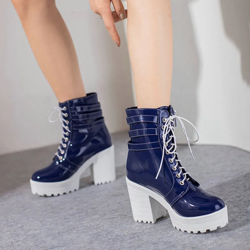 Women's black thick-heeled short boots with lace-up front and waterproof platform