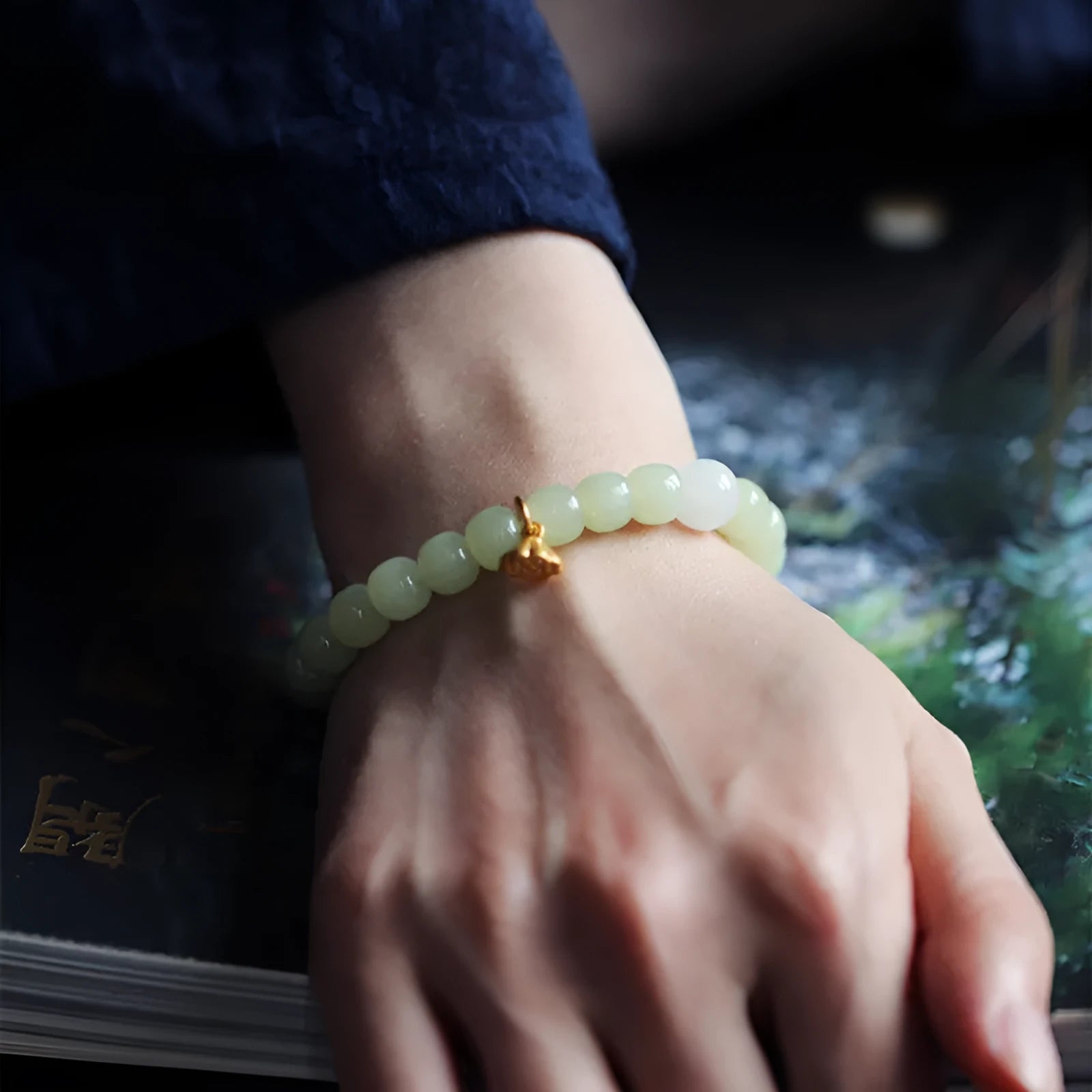 Green Hetian Jade bracelet with vintage beads, ethnic style adjustable jewellery for women