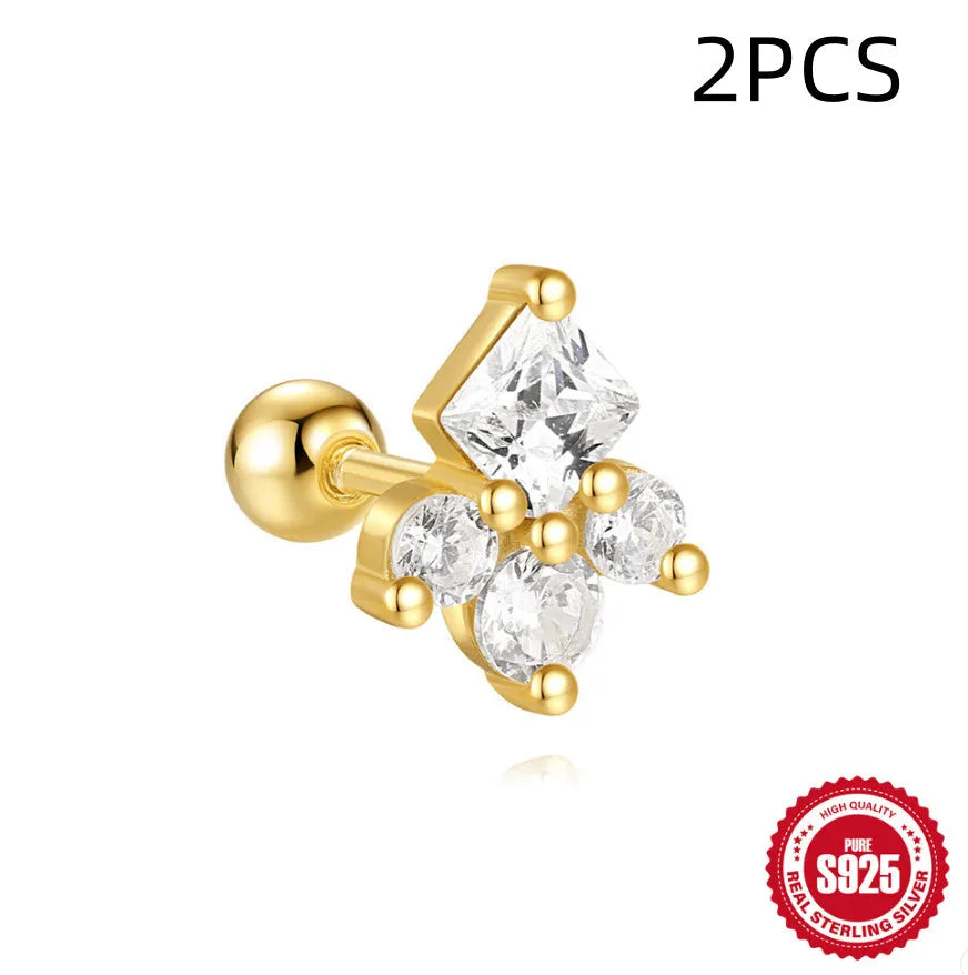 S925 sterling silver flower-shaped stud earrings with square gravel texture in gold electroplated colours