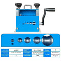 SD-017 manual wire stripping machine with crank handle on a workbench, showing scale against a cable.