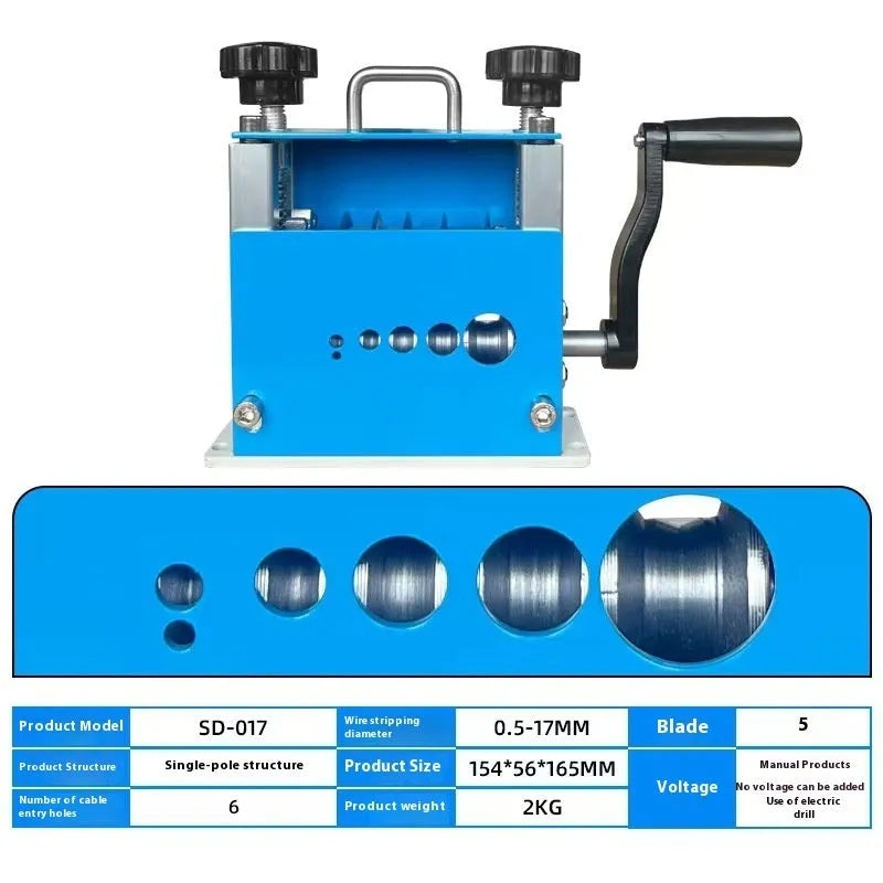SD-017 manual wire stripping machine with crank handle on a workbench, showing scale against a cable.
