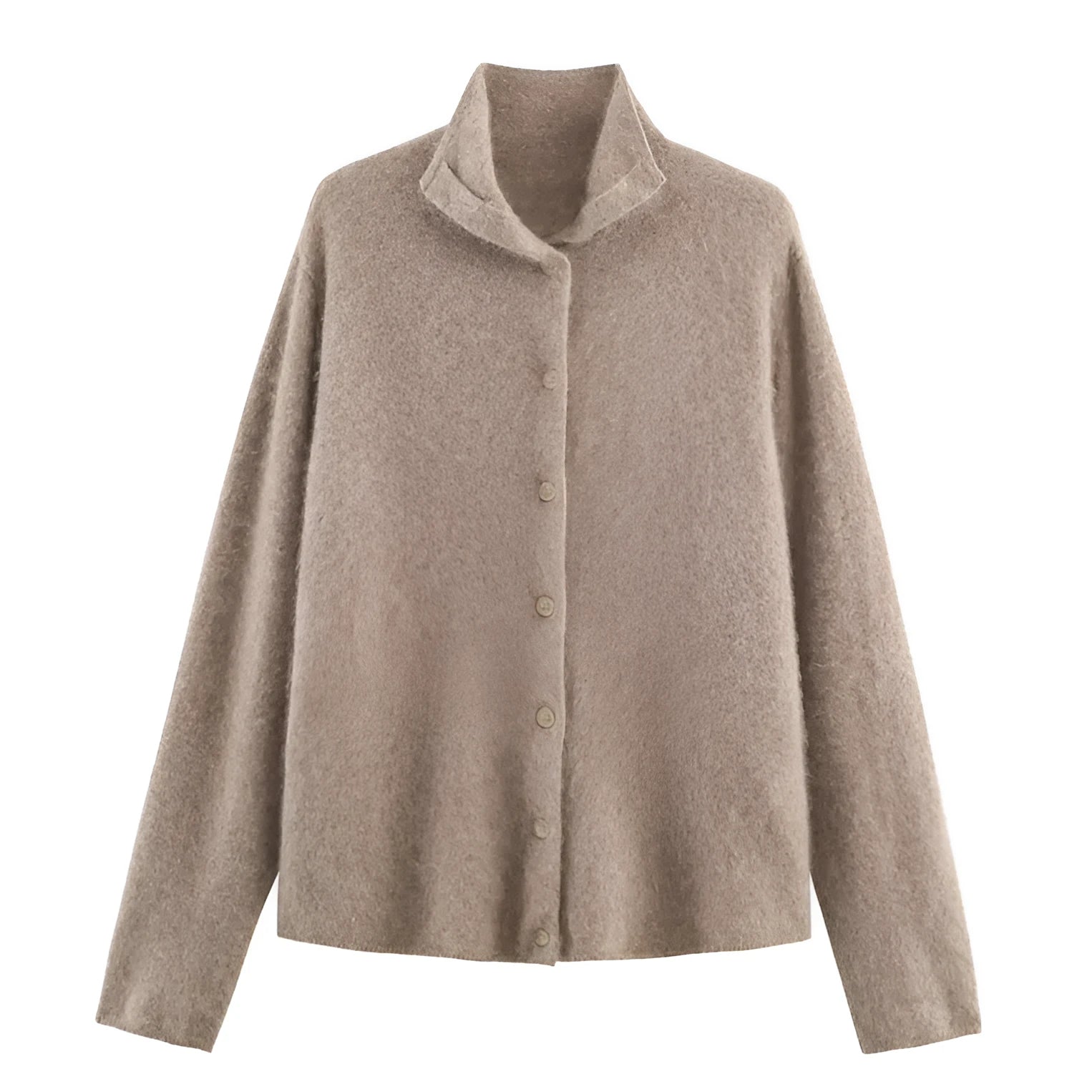 Khaki Korean-style casual high-neck pullover cardigan with stripe colour block and patchwork splicing for women
