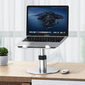 Aluminium car laptop stand showing height adjustment and 360-degree rotation in space grey colour