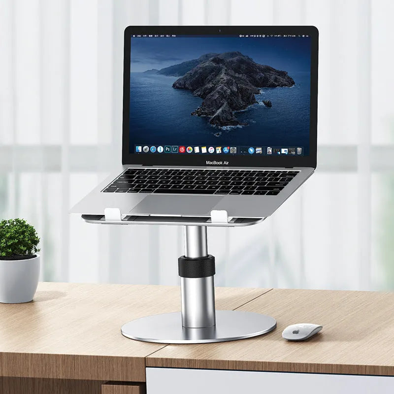 Aluminium car laptop stand showing height adjustment and 360-degree rotation in space grey colour