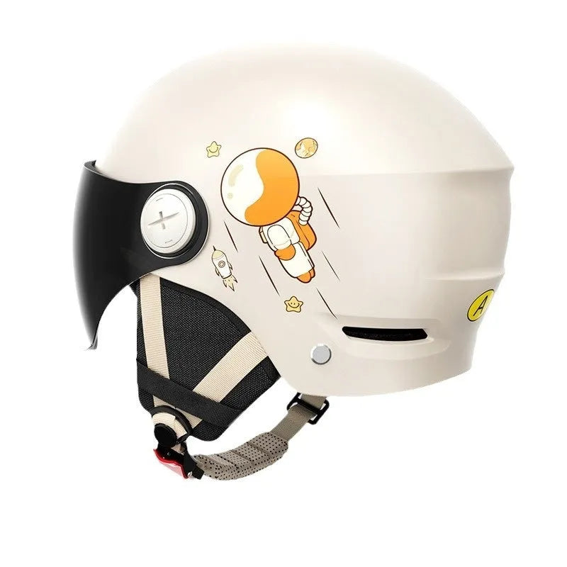 Khaki coloured motorcycle half helmet with a long mirrored visor attached on a table.