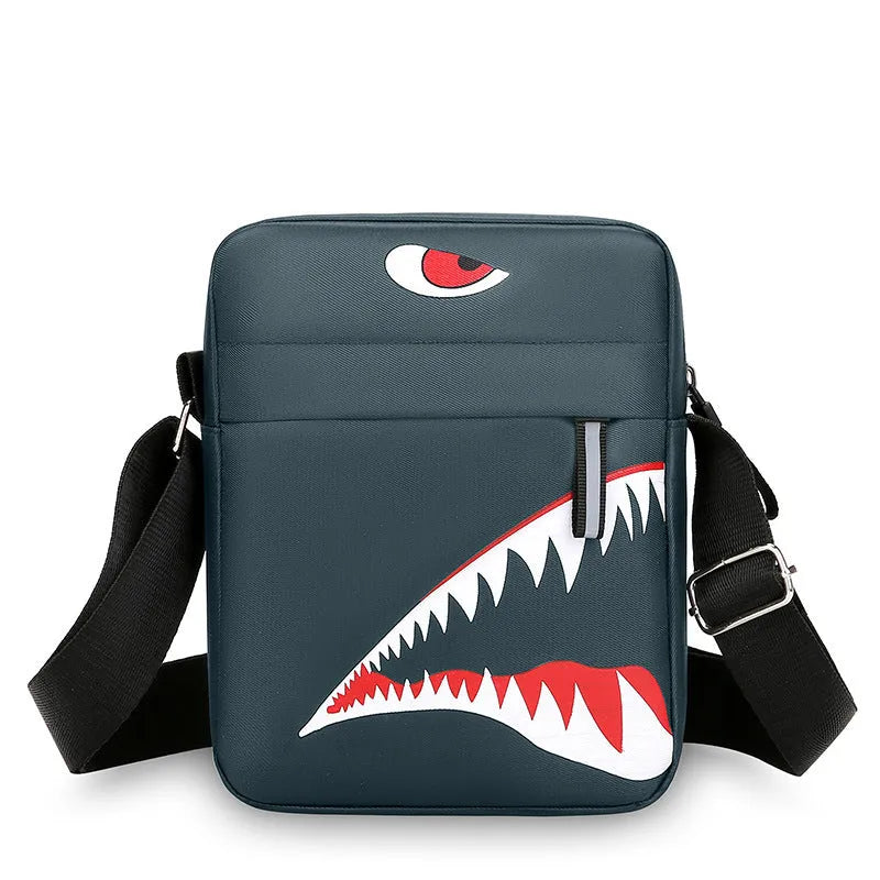 Men's black Oxford cloth crossbody bag with animal print pattern and shoulder strap.