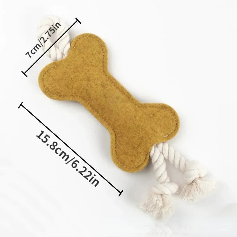 Bone-shaped felt dog toy with rope knot construction, showing black colour option