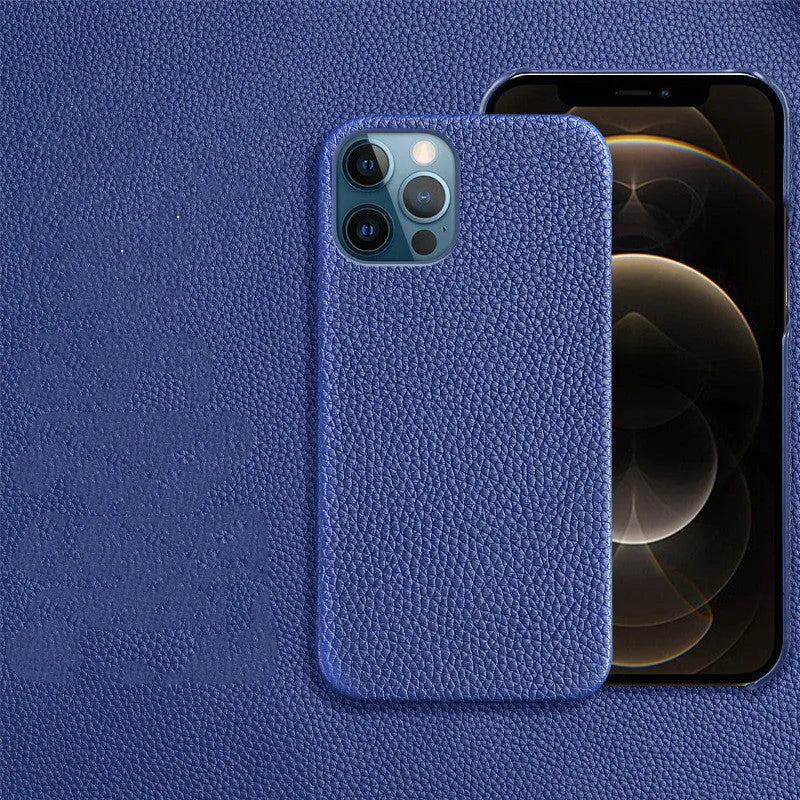 Genuine leather brown iPhone protective case showing half-coverage design on an iPhone.