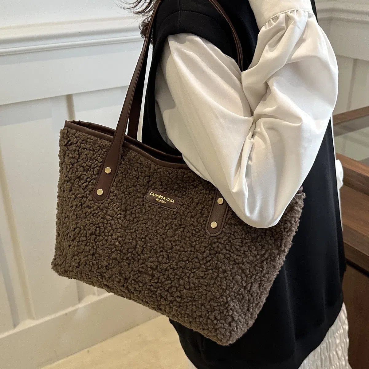 Cotton colour block bucket bag with phone pocket in beige colour option