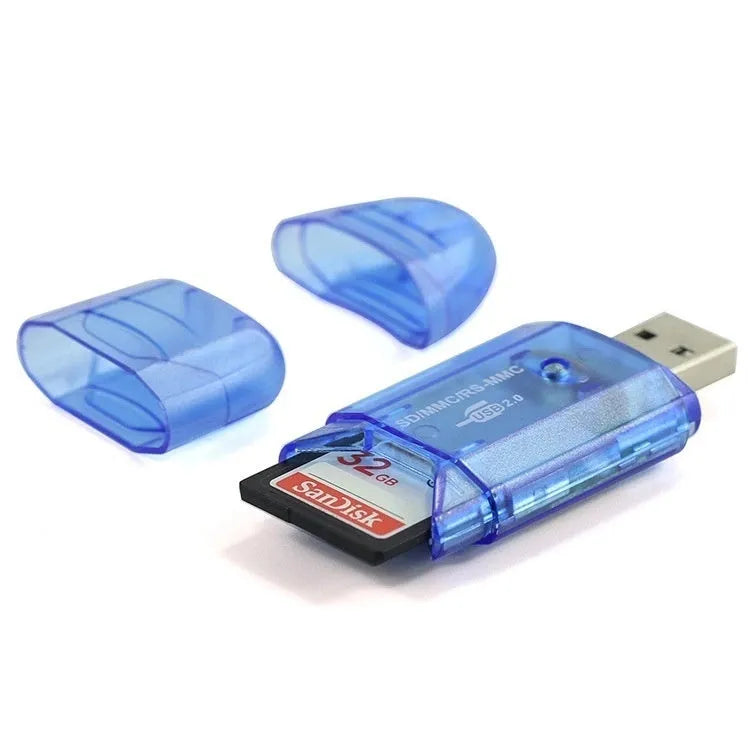 Transparent USB card reader with optional LED light on a desk next to memory cards.