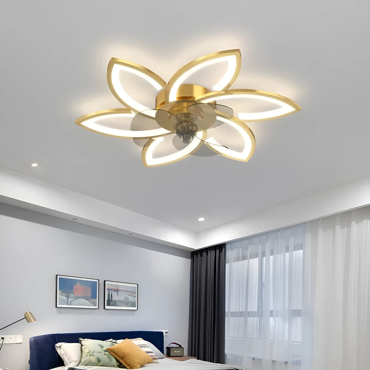 Gold ceiling fan lamp with PVC leaves, 68cm diameter and 4cm height, 72W power