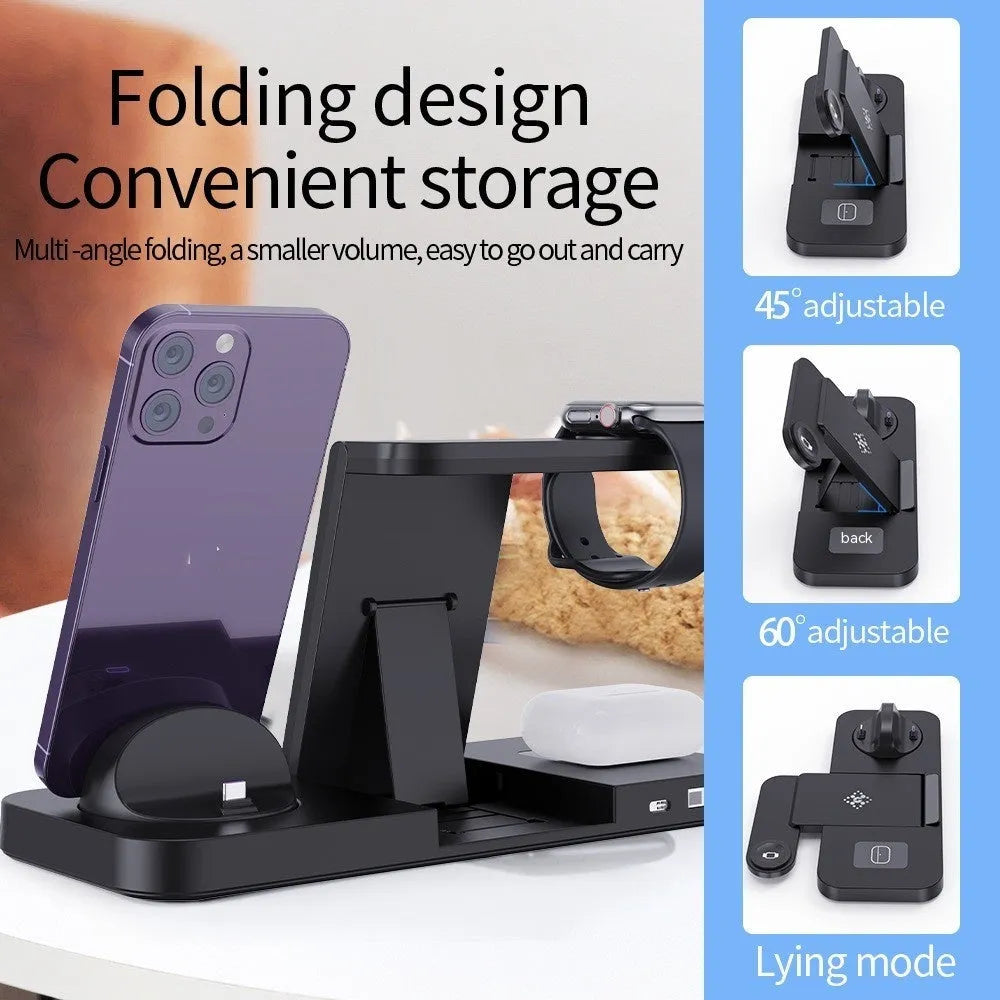 White three-in-one wireless charging station for mobile phone, headphones and smartwatch on a desk.