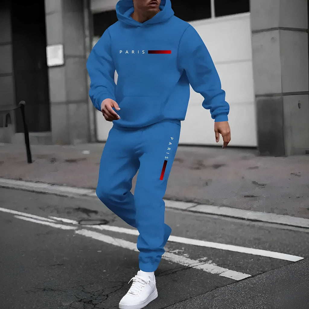Men's printed hooded autumn tracksuit set with matching trousers in polyester fibre