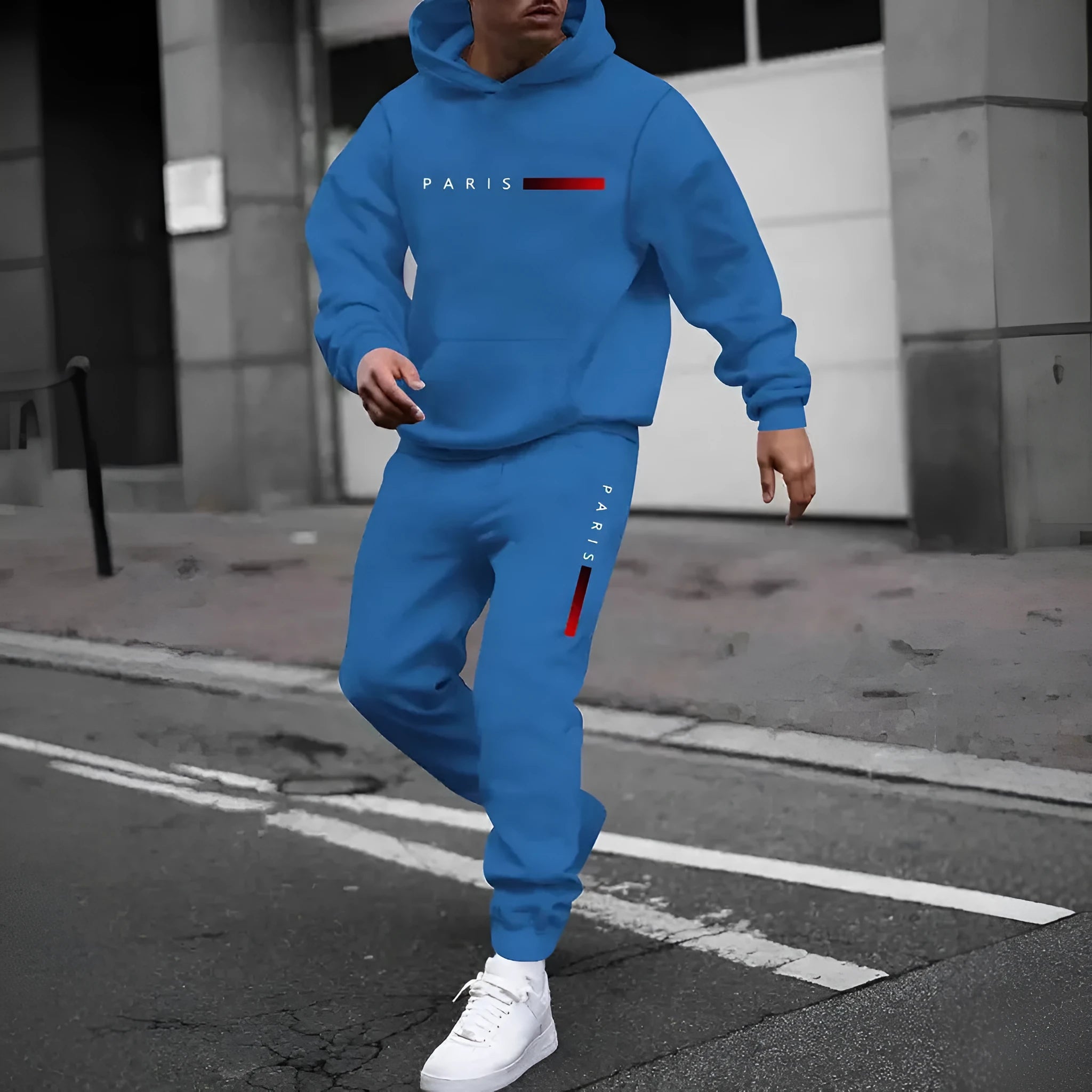 Men's printed hooded autumn tracksuit set with matching trousers in polyester fibre