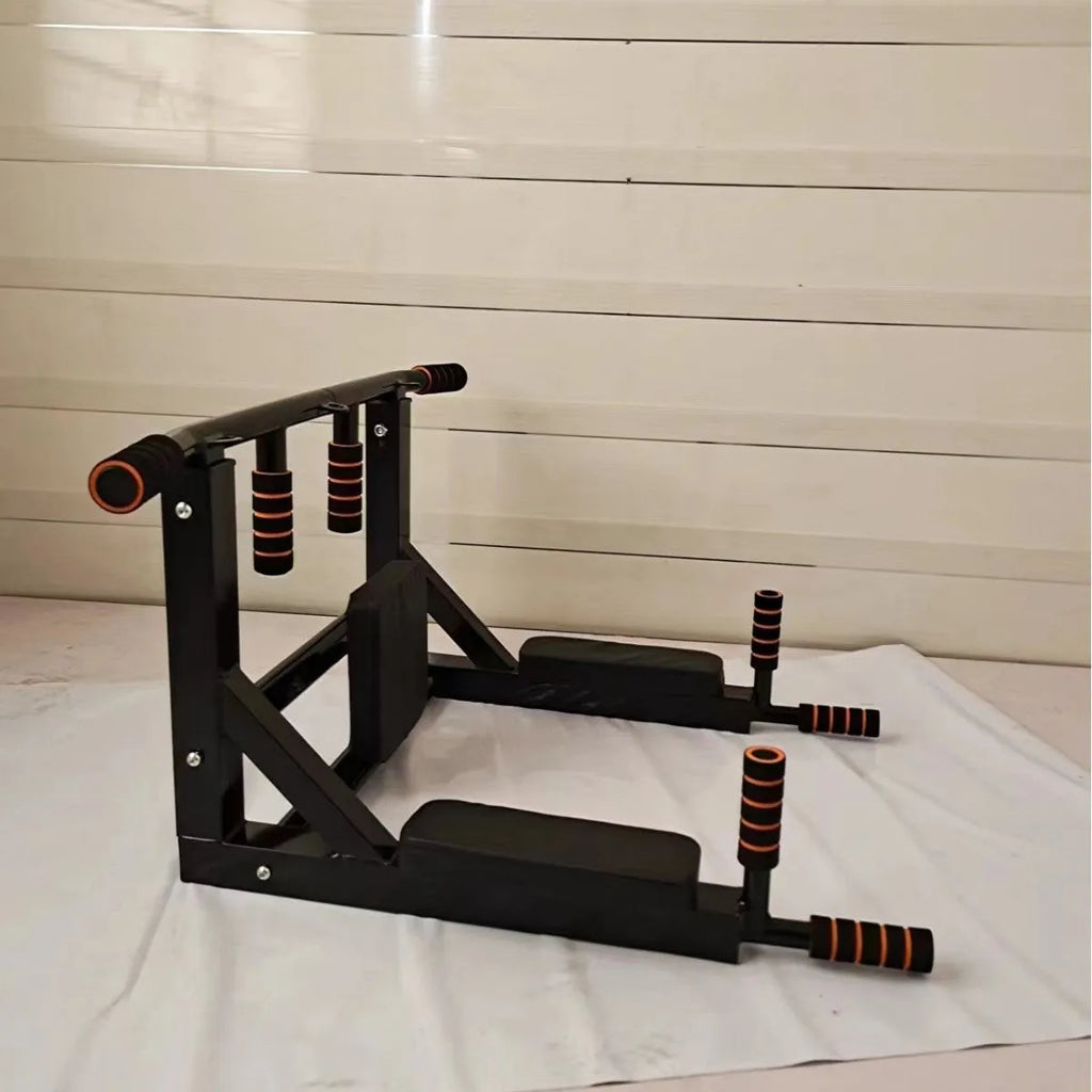 Black wall-mounted fitness equipment with sandbag rack and single parallel bars for pull-ups.