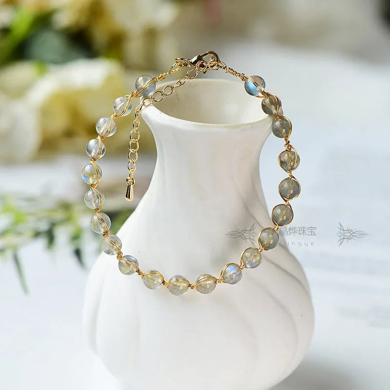 Women's natural crystal bracelet with 6mm moonstone beads and 14k gilded metal accents