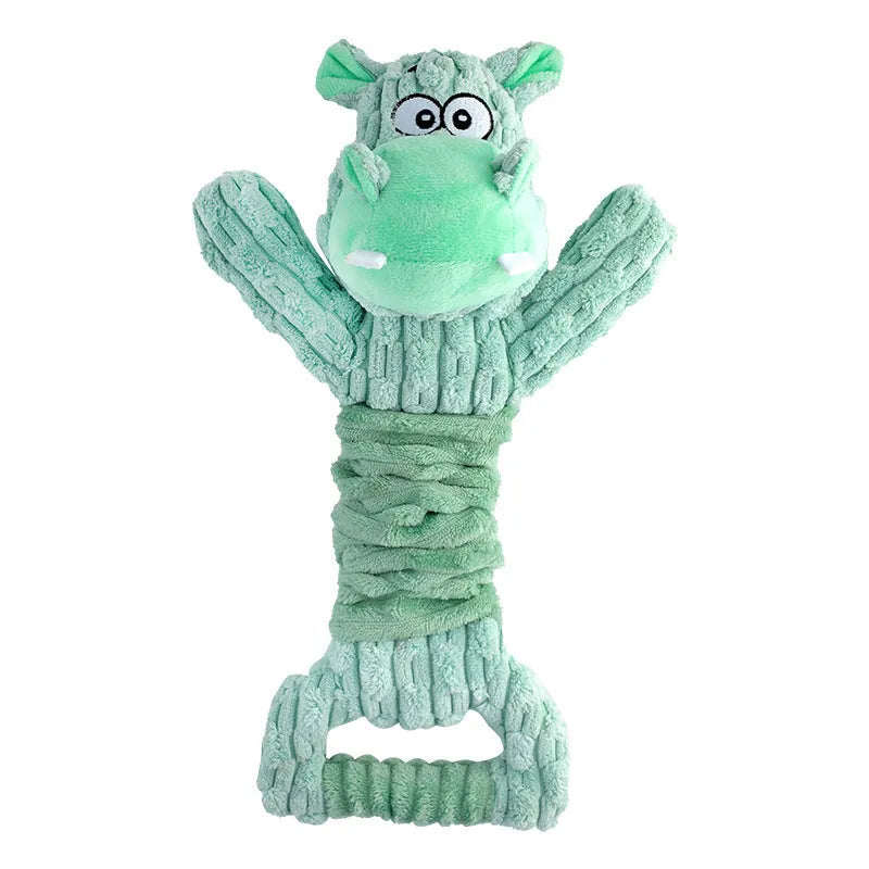 Hippo-shaped plush dog toy with a central handle, shown next to a monkey-shaped version.