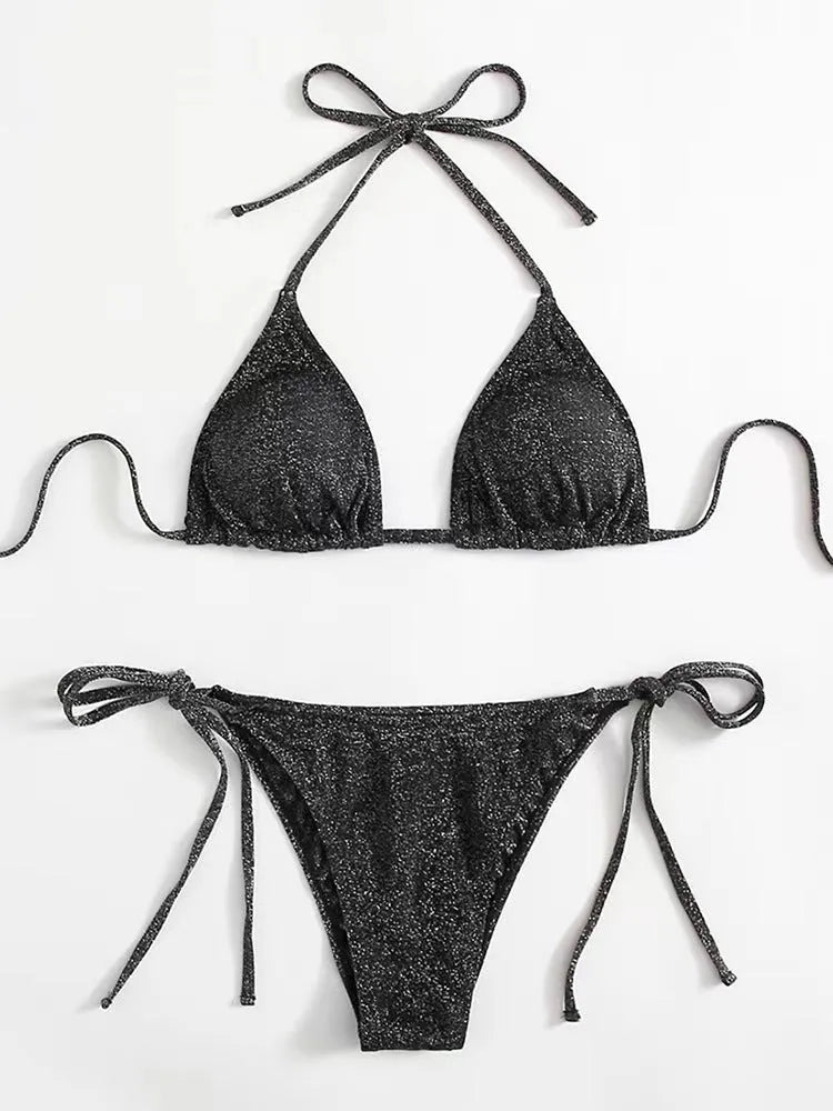 Women's two-piece bandage bikini swimsuit in polyester, shown in one of six colour options.