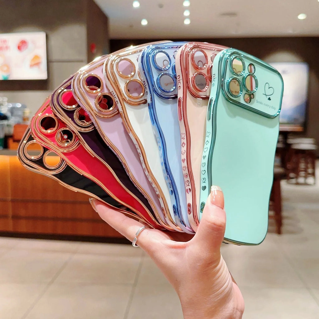 Electroplating wave love large window TPU phone case for iPhone, black colour, back view showing decorative wave pattern and card slot