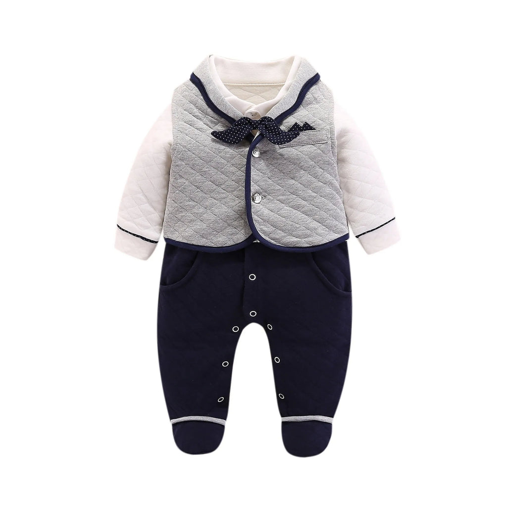 Baby boy British-style cotton onesie in navy blue with long sleeves and single-breasted front