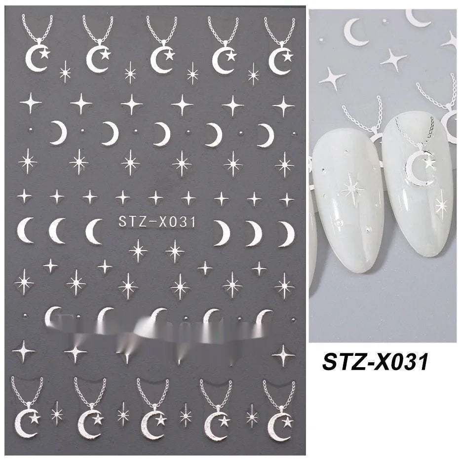 Cartoon-themed nail art sticker sheet with black and silver strip patterns and love motifs
