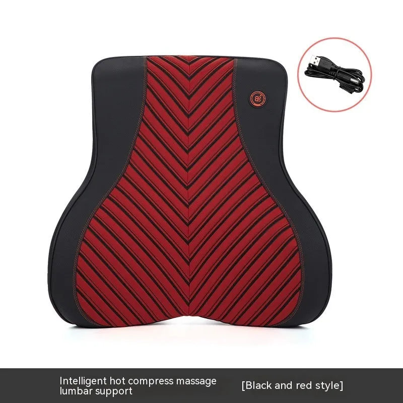 Black and red electric car massage headrest and lumbar support cushion with leather mesh fabric.