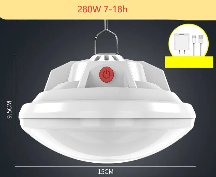 Multifunctional camp LED light with charging capability showing illumination radius measurement