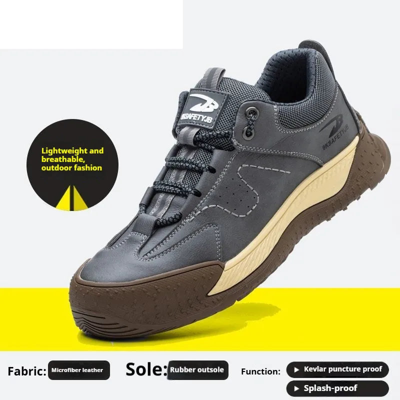 Flyknit leather safety work shoe with rubber sole, shown in black colour.