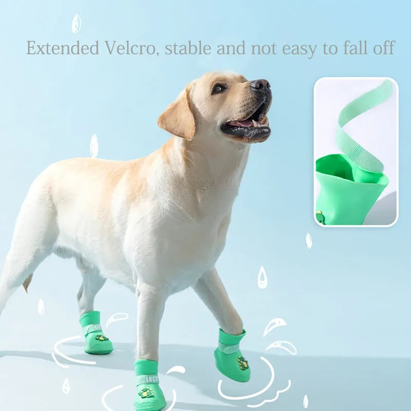 Waterproof anti-slip silicone pet rain boots, 4PCs, blue green pink yellow, sizes L to 5XL