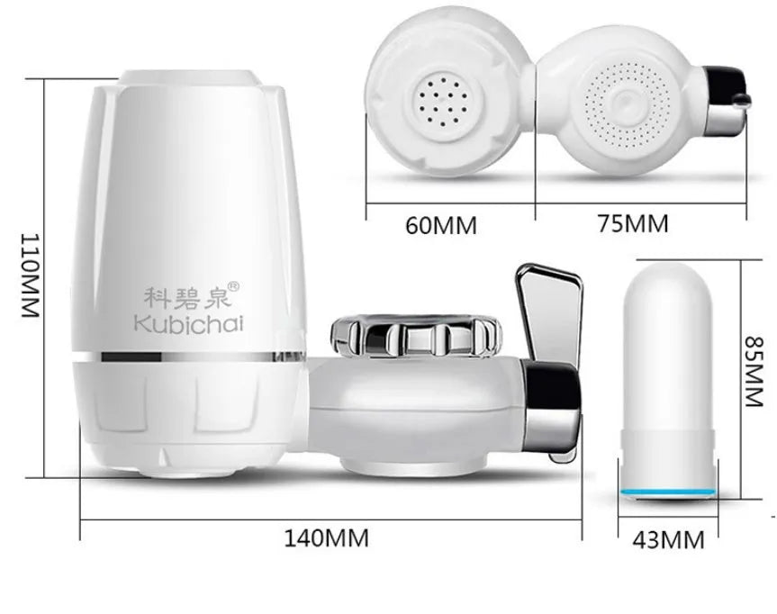 White plastic faucet water filter with ceramic cartridge and universal tap adapter kit.