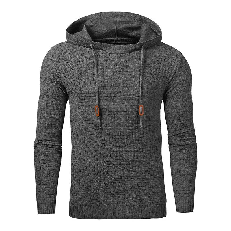Men's black cotton-polyester hooded sweatshirt on a hanger, showing the front and hood.