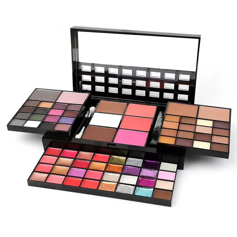 74 colour makeup palette with eyeshadows, lip glosses, concealer, blush and contouring powders in layered plates