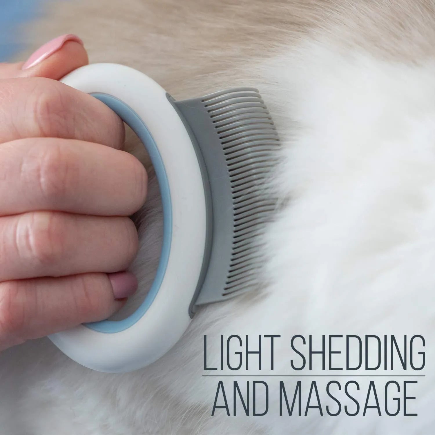 Blue pet deshedding comb with soft teeth and ergonomic handle for cats and dogs.