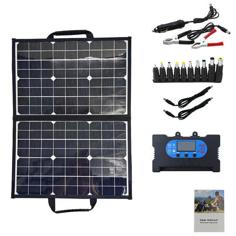 Black 40-watt single crystal solar panel folded inside its protective carry bag, showing compact size.