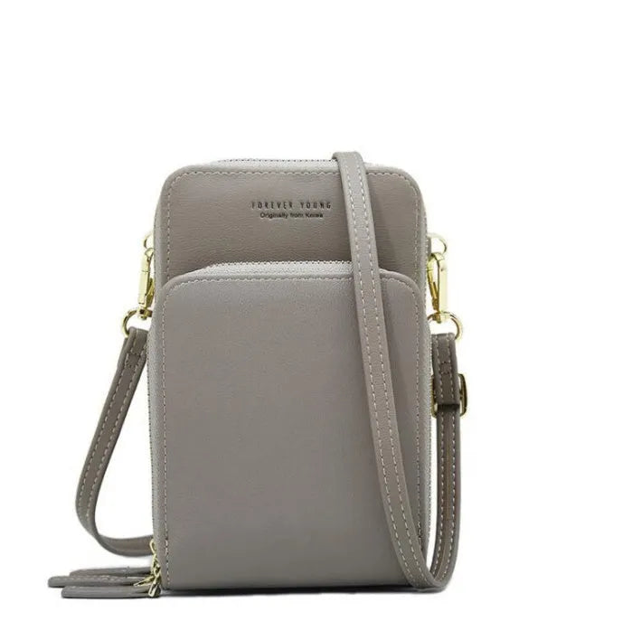 PU leather messenger mobile wallet with detachable buckle and adjustable strap, size 11.5cm x 6.5cm x 18.5cm, in black