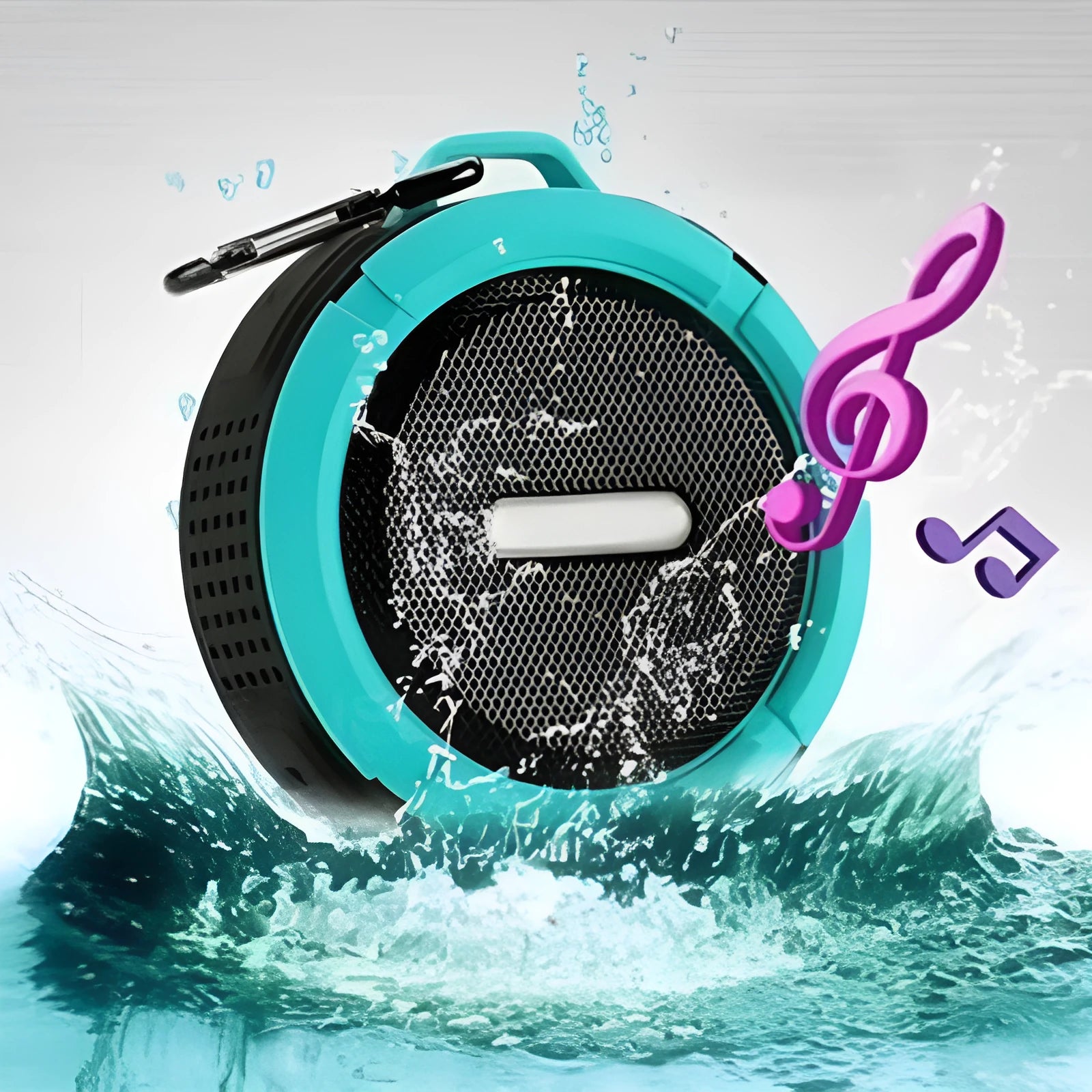 Compact waterproof Bluetooth speaker with a mounting strap in black, blue, green, red, or yellow.
