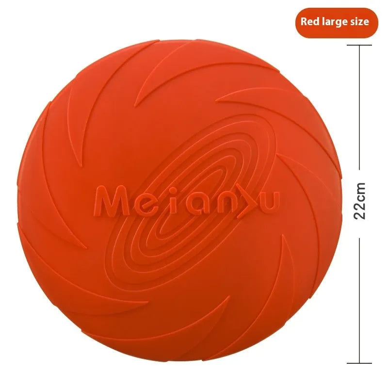 Soft rubber dog frisbee toy in red, blue, and green colours showing small, medium, and large size options