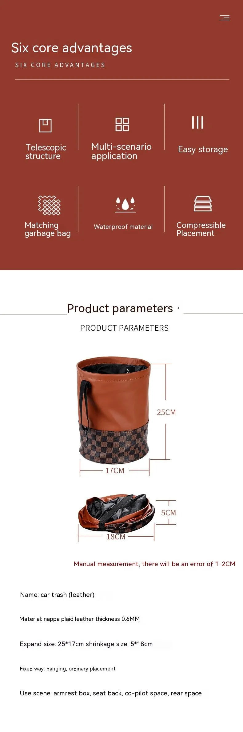 Leather folding car bin with handle for vehicle interior waste collection
