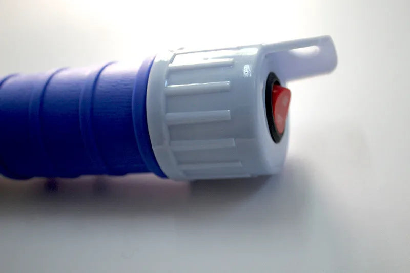 Blue manual hand siphon pump for transferring fuel, oil, and liquids.