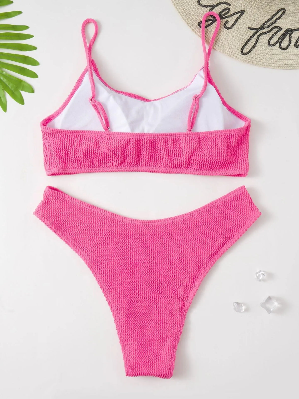 Plus-size pink two-piece bikini swimsuit with chest pad, sizes L to 4XL, 82% polyester
