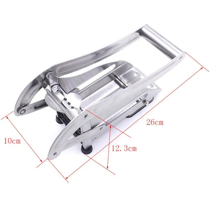 Potato cutter chopper with two stainless steel blades and non-slip rubber foot in kitchen setting